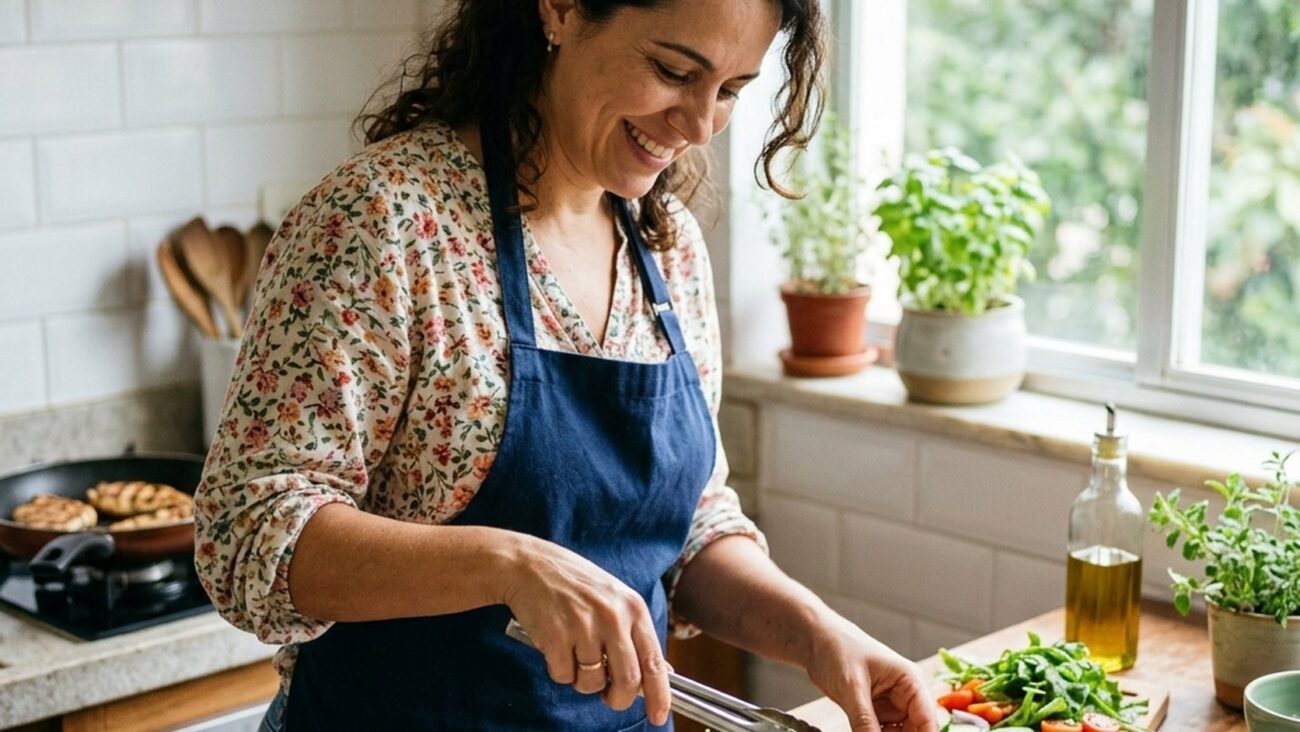 Mulher preparando prato equilibrado e saudável na cozinha de casa com luz natural