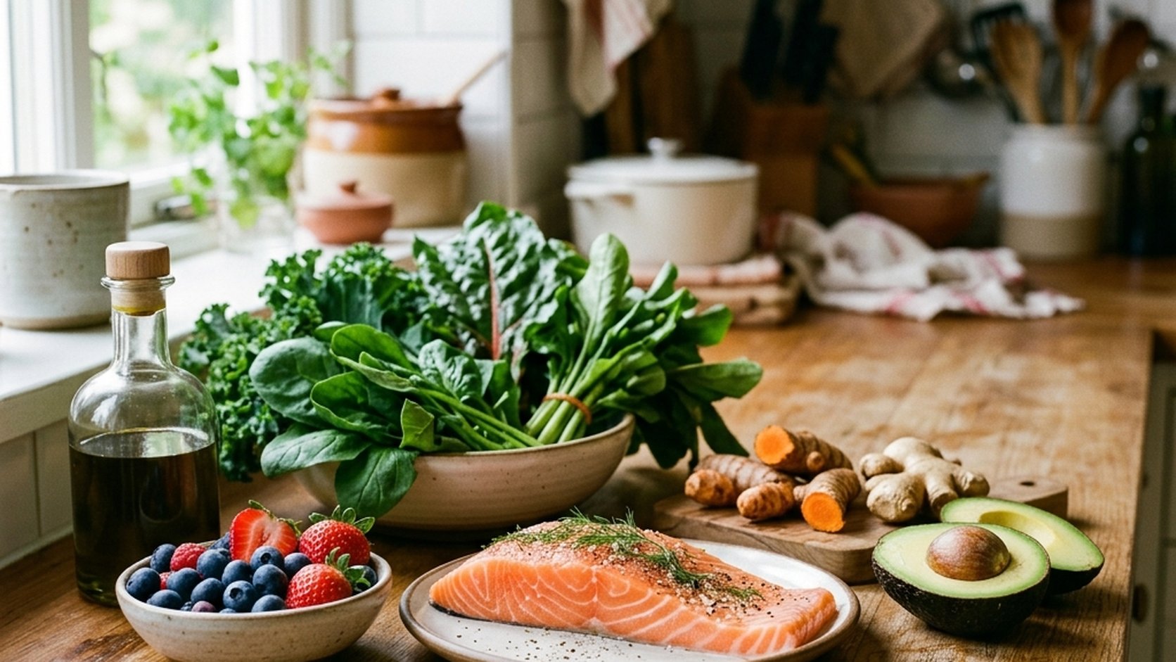 Seleção de ingredientes frescos e naturais para dieta anti-inflamatória em uma bancada de cozinha