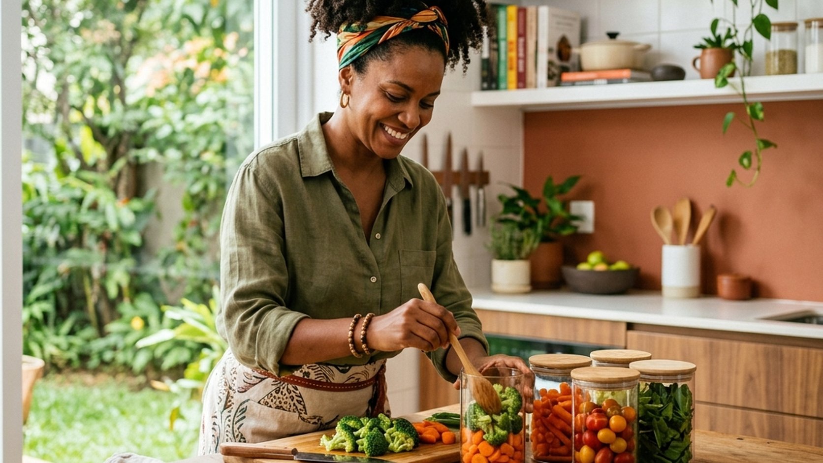 Mulher organizando vegetais frescos higienizados em recipientes de vidro herméticos