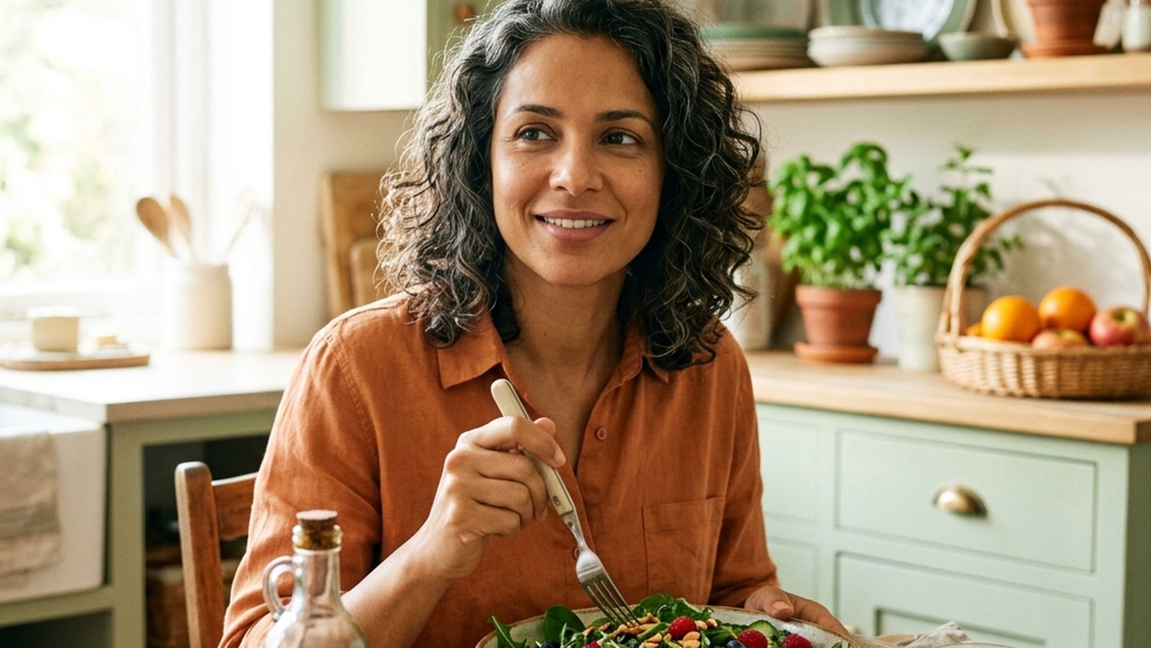 Mulher sorrindo na cozinha aproveitando refeição saudável e fresca