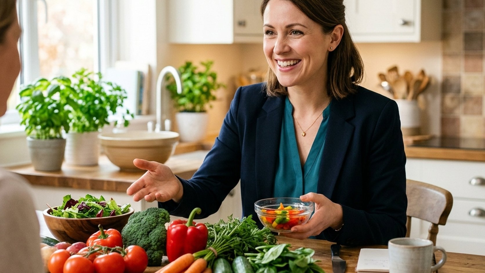 Nutricionista sorrindo enquanto orienta sobre escolhas alimentares saudáveis