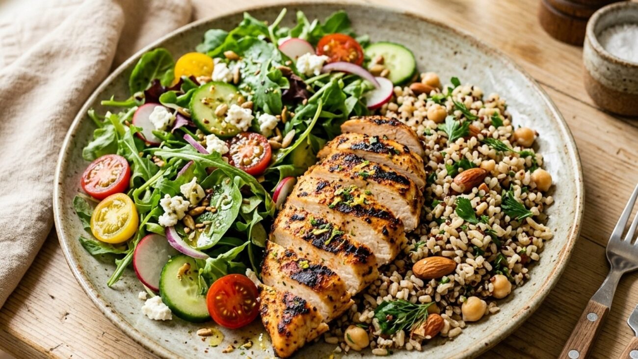 Prato colorido e equilibrado com vegetais, proteína grelhada e grãos saudáveis