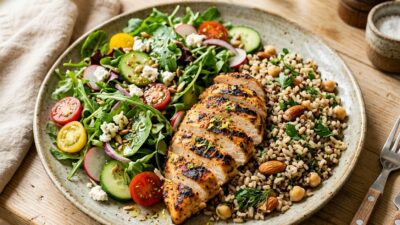 Prato colorido e equilibrado com vegetais, proteína grelhada e grãos saudáveis