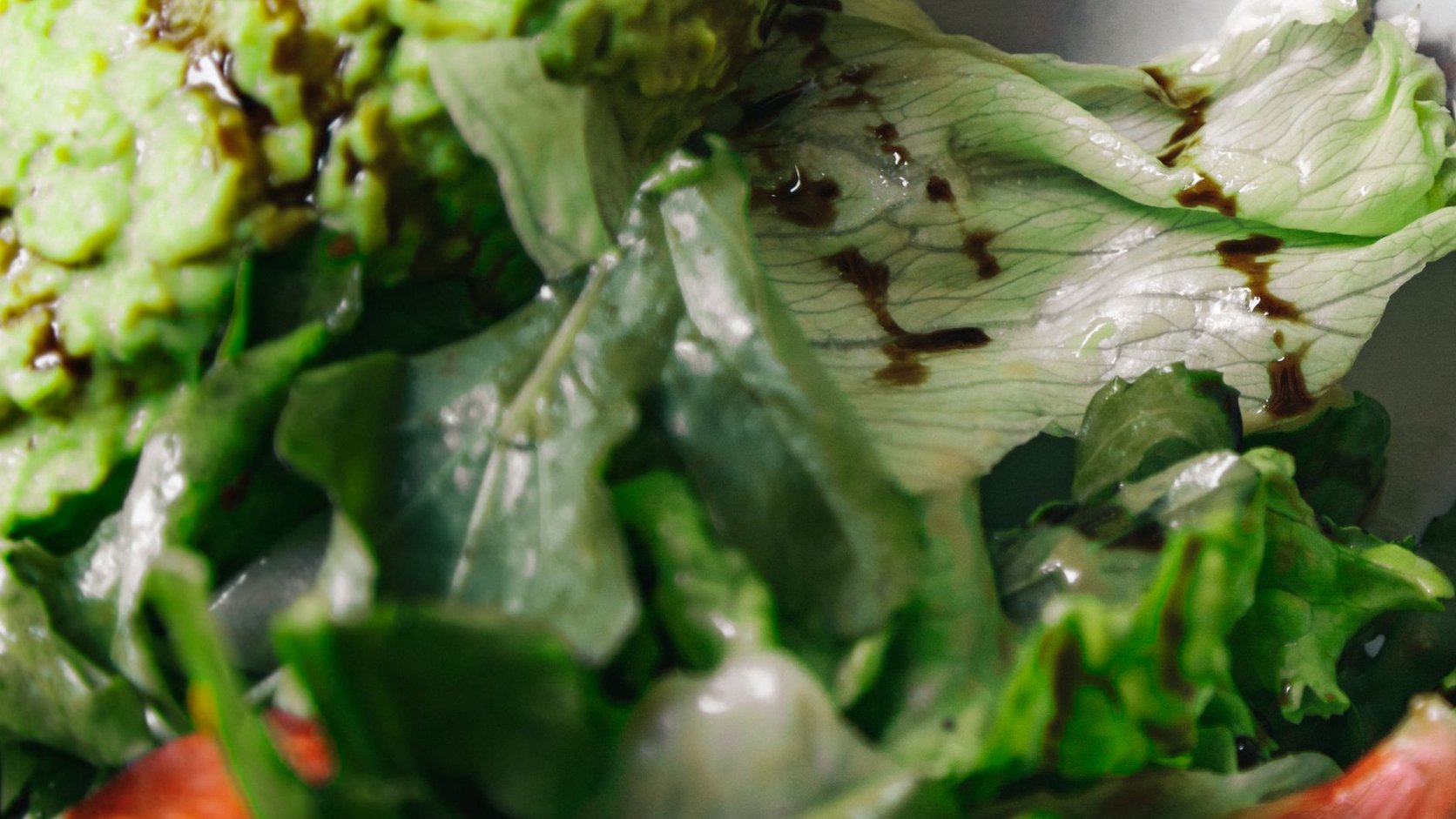 Tigela colorida com grão-de-bico, folhas verdes, tomate cereja e fatias de abacate